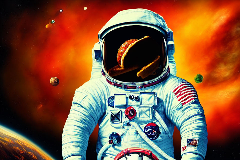 Astronaut in white space suit with orange nebula and taco on helmet.