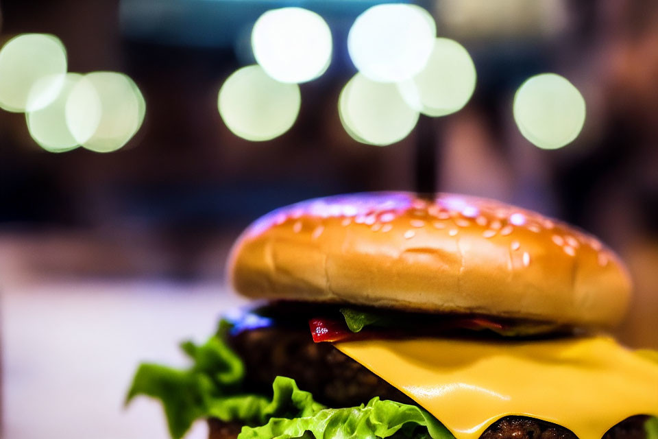 Succulent cheeseburger with lettuce and sauce on blurred background