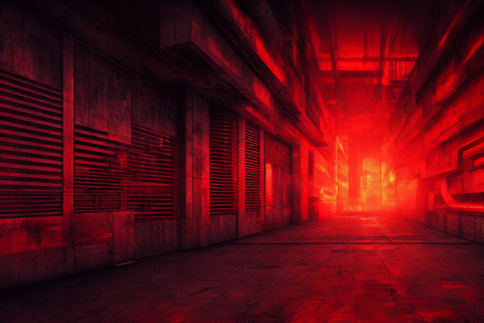 Red-lit industrial alleyway with closed shutters and glowing haze