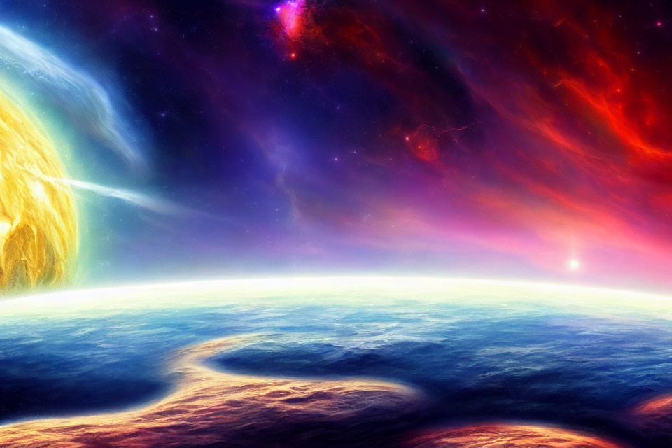 Colorful Space Scene with Large Sun and Planet Surface