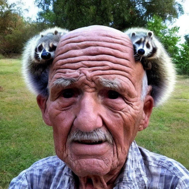 Elderly man with stern expression and raccoons on head in outdoor setting