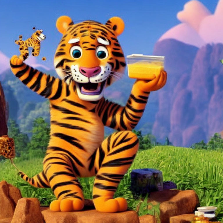 Joyful animated tiger with honey pot and toy tiger in lush green field