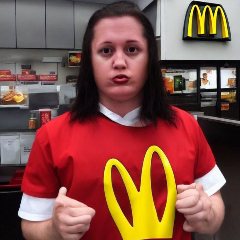 Female McDonald's employee in uniform looking surprised inside restaurant