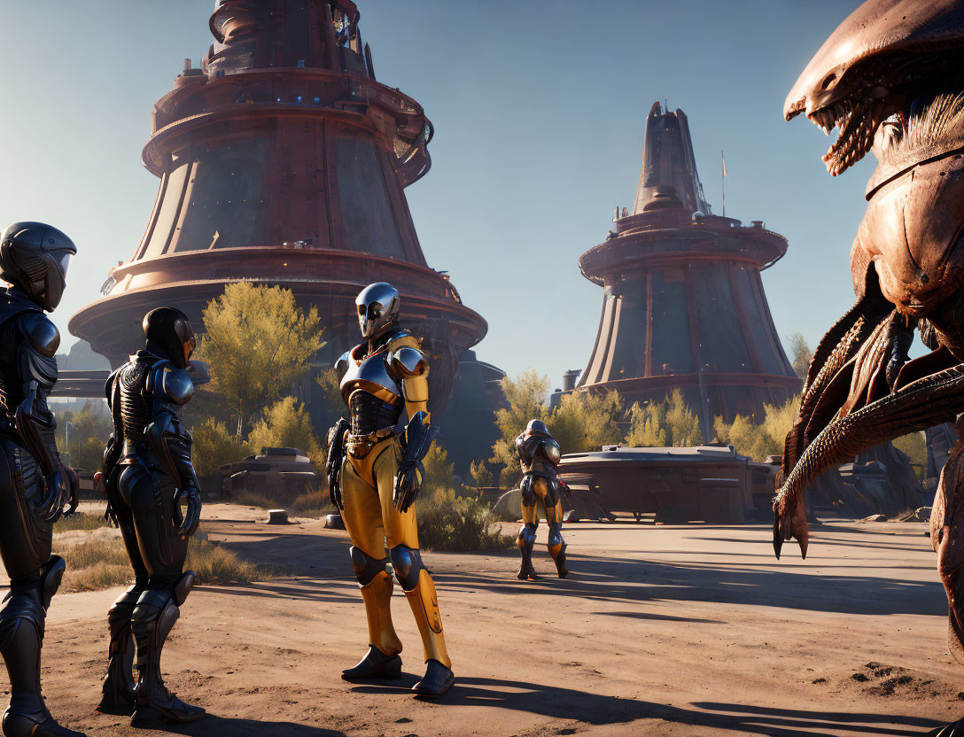 Armored individuals and alien creature in futuristic desert scene