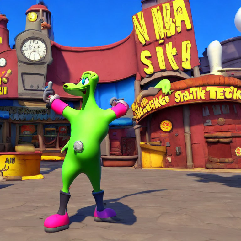 Green animated superhero in colorful town square