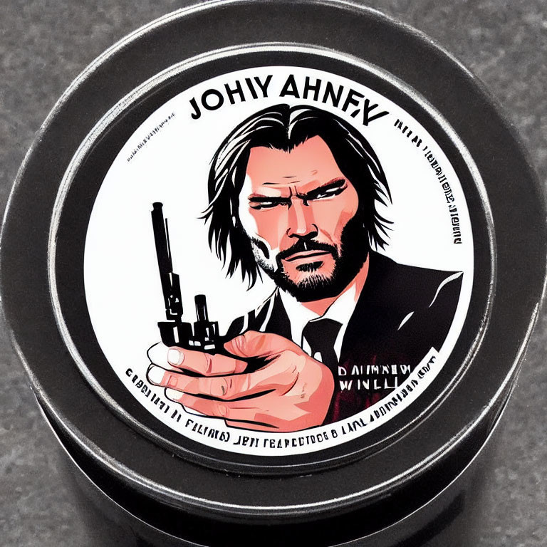 Circular Label with Illustrated Man Holding Gun and Stylized Text