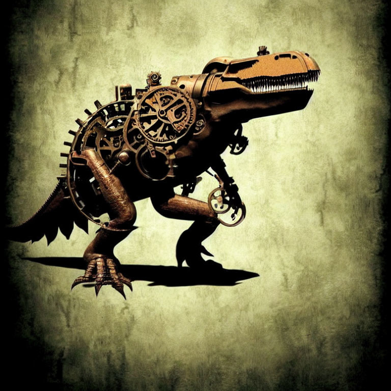 Mechanical Dinosaur with Gears on Green Background