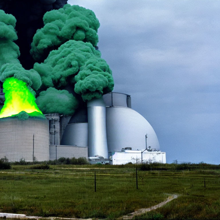 Industrial facility emitting green smoke under cloudy sky