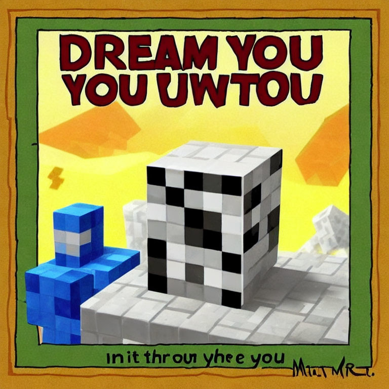 Pixelated abstract design with large cube and blue shapes on album cover.