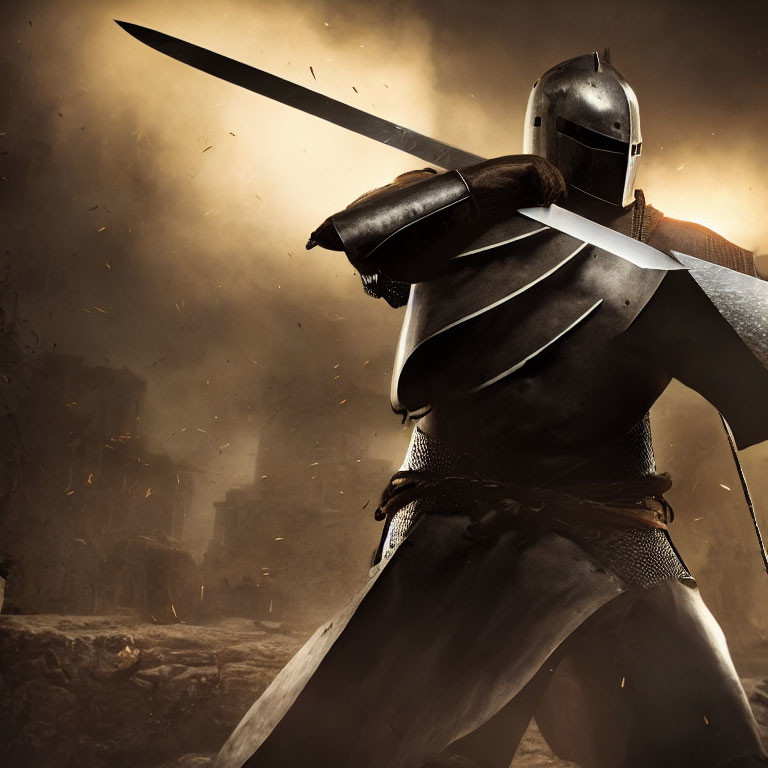 Knight in metal armor with sword in battle-worn landscape