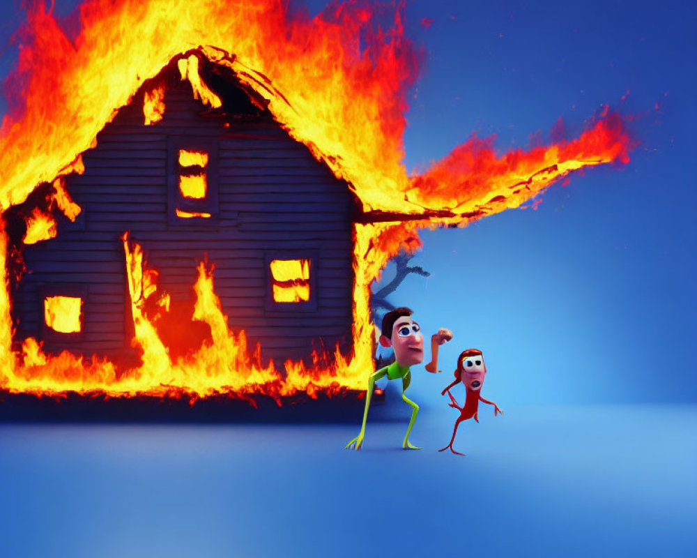 Animated characters flee burning house on dark blue backdrop