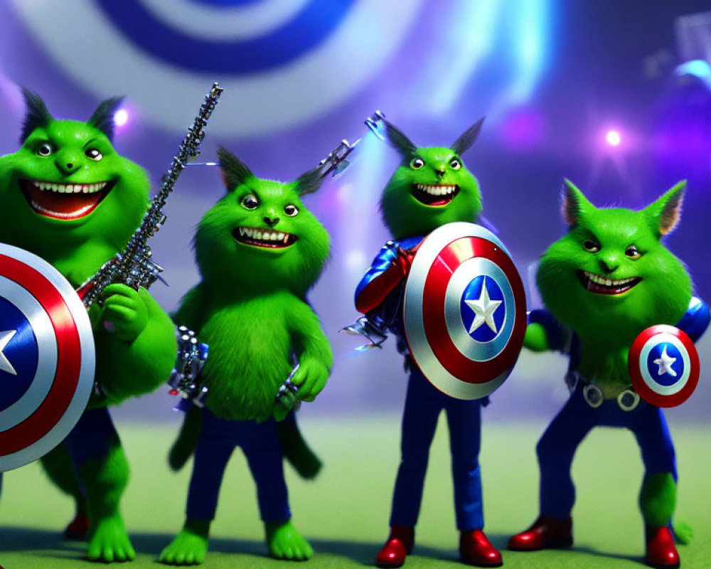 Four green superhero creatures with shields on target background