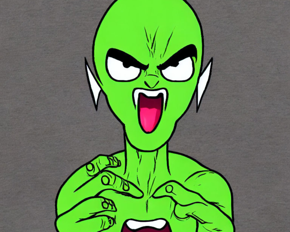 Green alien with sharp ears and black eyes gesturing menacingly