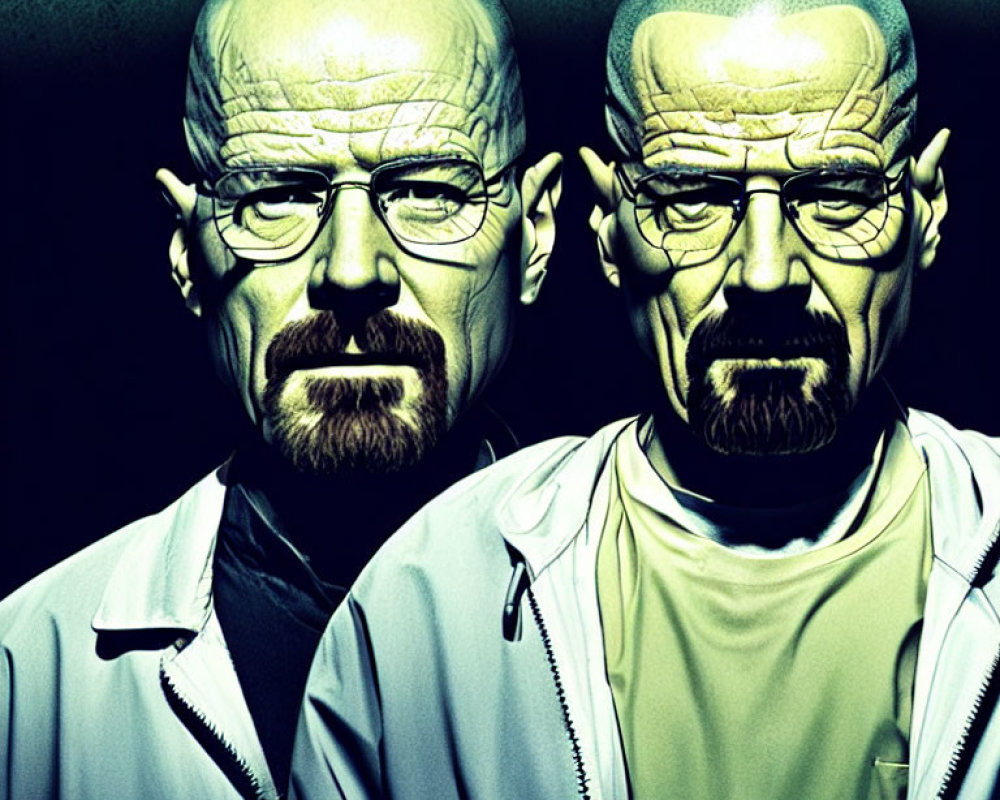 Stylized image of two identical figures in lab coats against dark backdrop