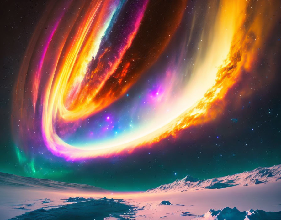 Colorful aurora borealis dances over snowy mountains