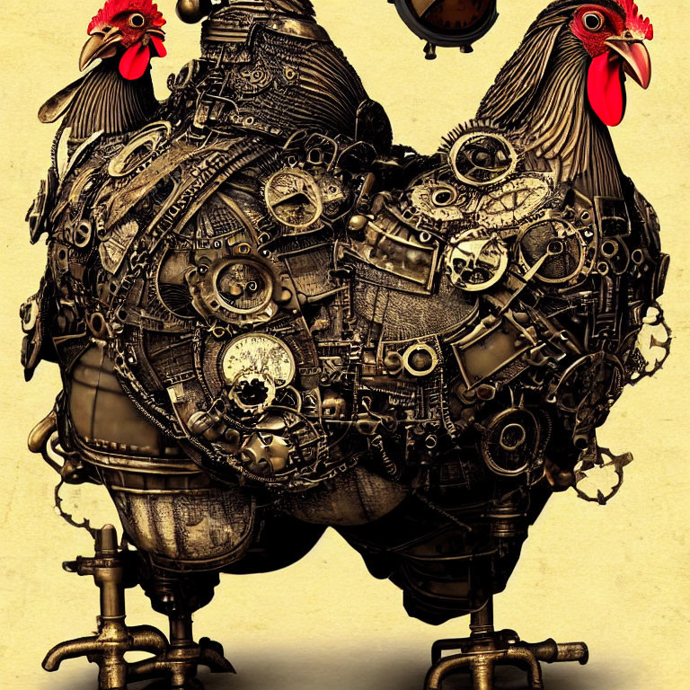 Steampunk-style rooster illustration with cog and gear body on beige background