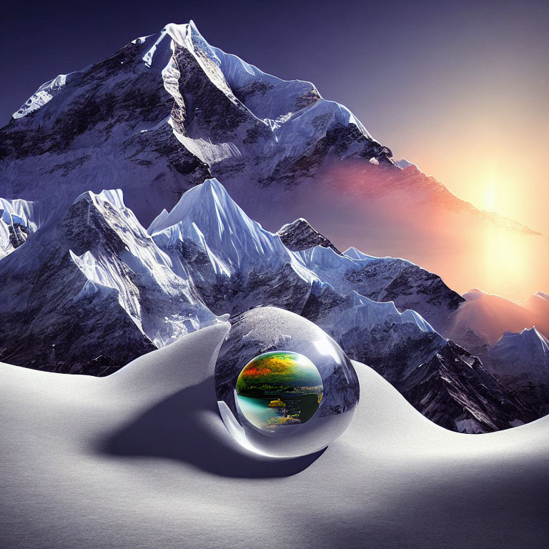Crystal Ball Reflects Vibrant Landscape with Snow-Covered Mountains
