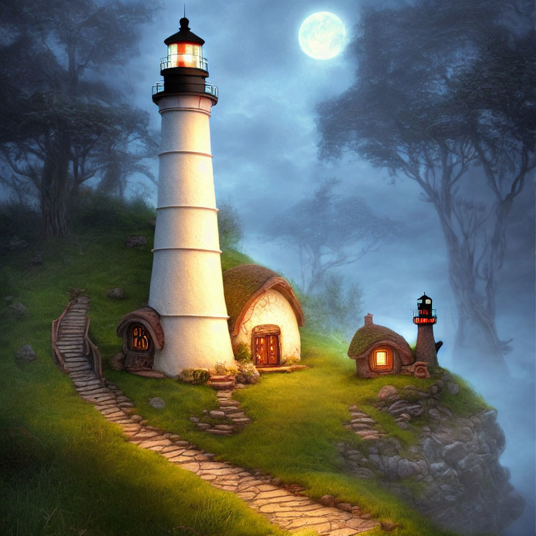 Whimsical moonlit lighthouse and cottage in misty forest