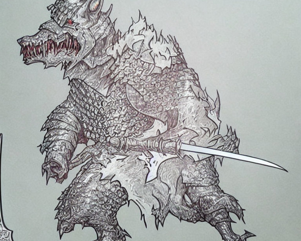 Detailed Sketch: Bipedal Wolf Warrior with Armor and Sword
