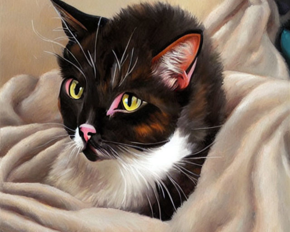 Black and Brown Cat with Yellow Eyes in Beige Blanket Portrait
