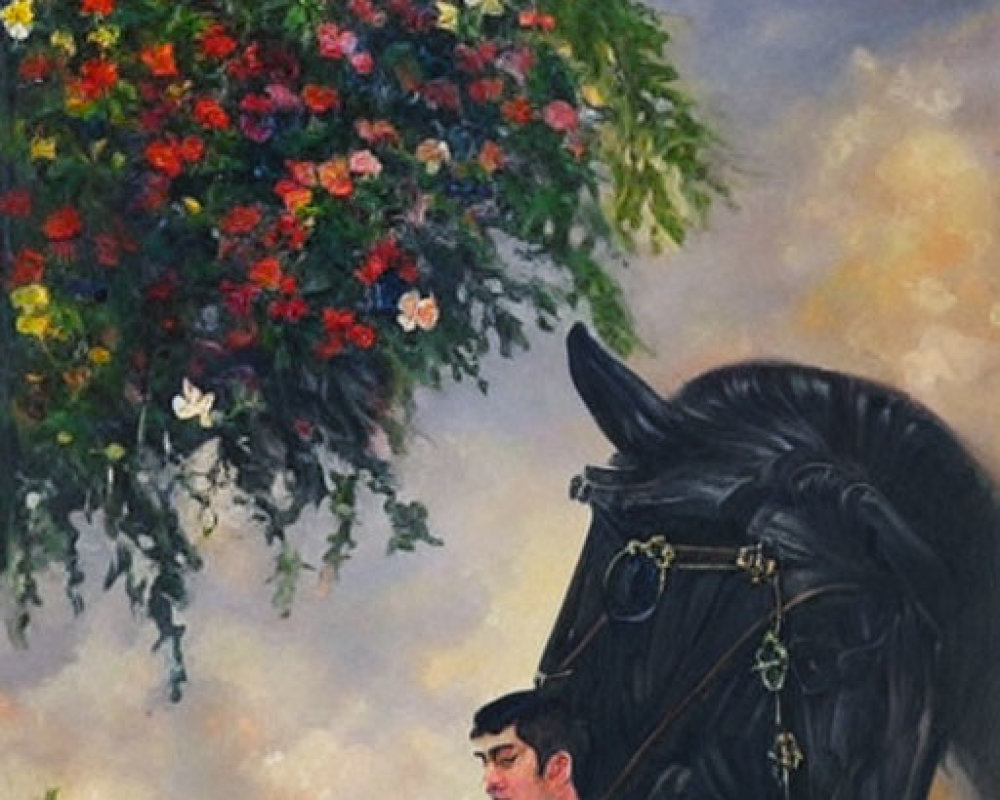 Medieval knight kneeling beside black horse under tree with colorful flowers