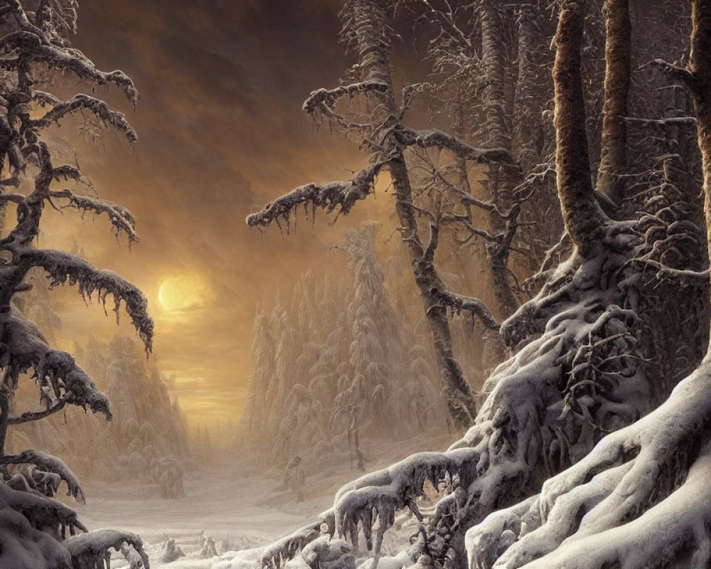 Snowy Sunset Landscape with Snow-Covered Trees