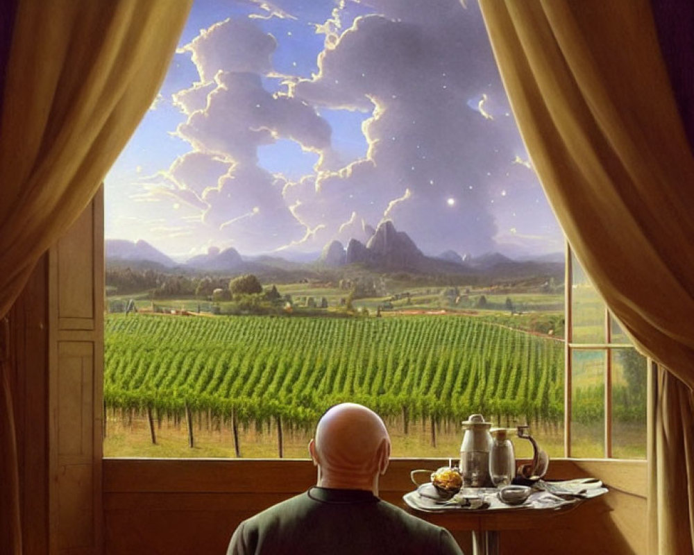 Person in Green Sweater Contemplates Vineyard View at Breakfast Table