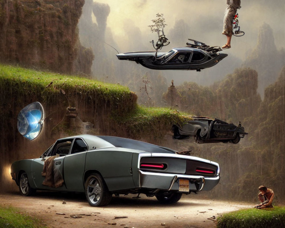 Surreal scene featuring classic car, floating vehicles, levitating man, and child with toy car