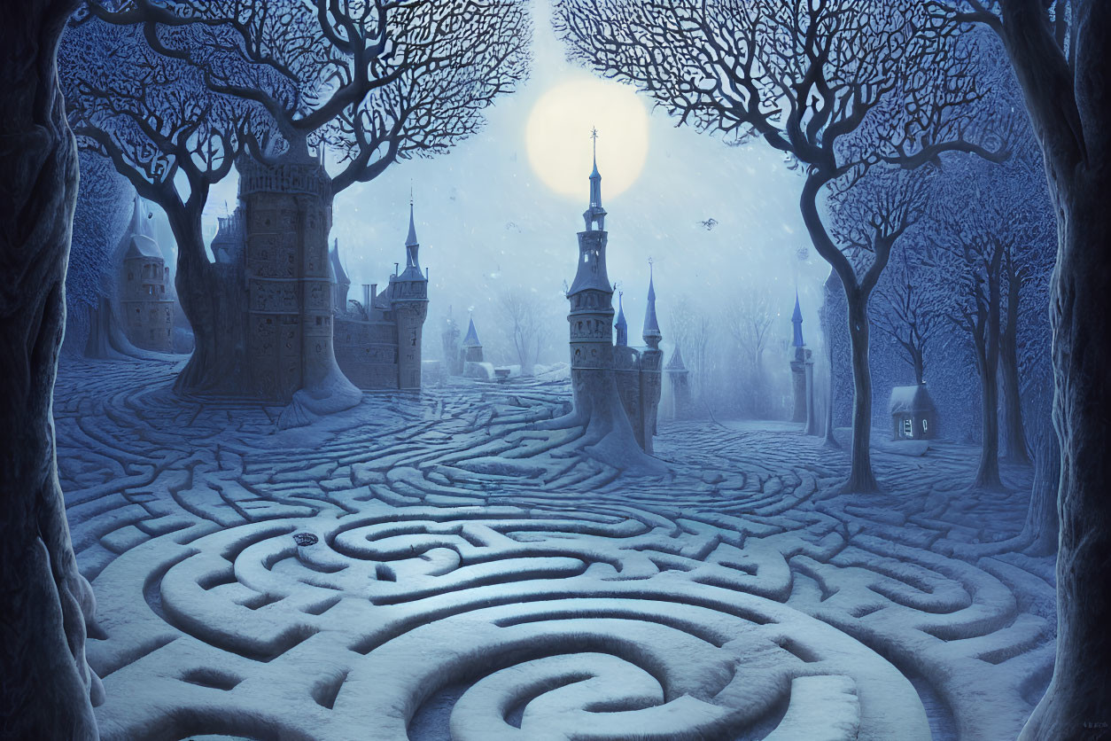 Blue-Toned Landscape with Labyrinth, Castle, and Full Moon