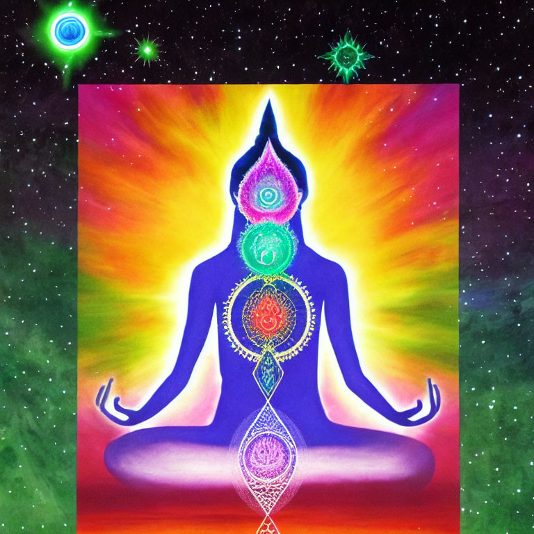 Colorful meditation illustration with aligned chakras in cosmic setting
