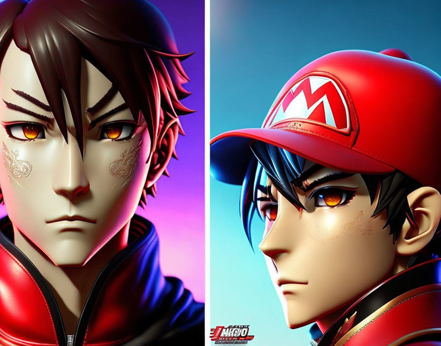 Intense gaze male characters in red cap and uniform with M cap