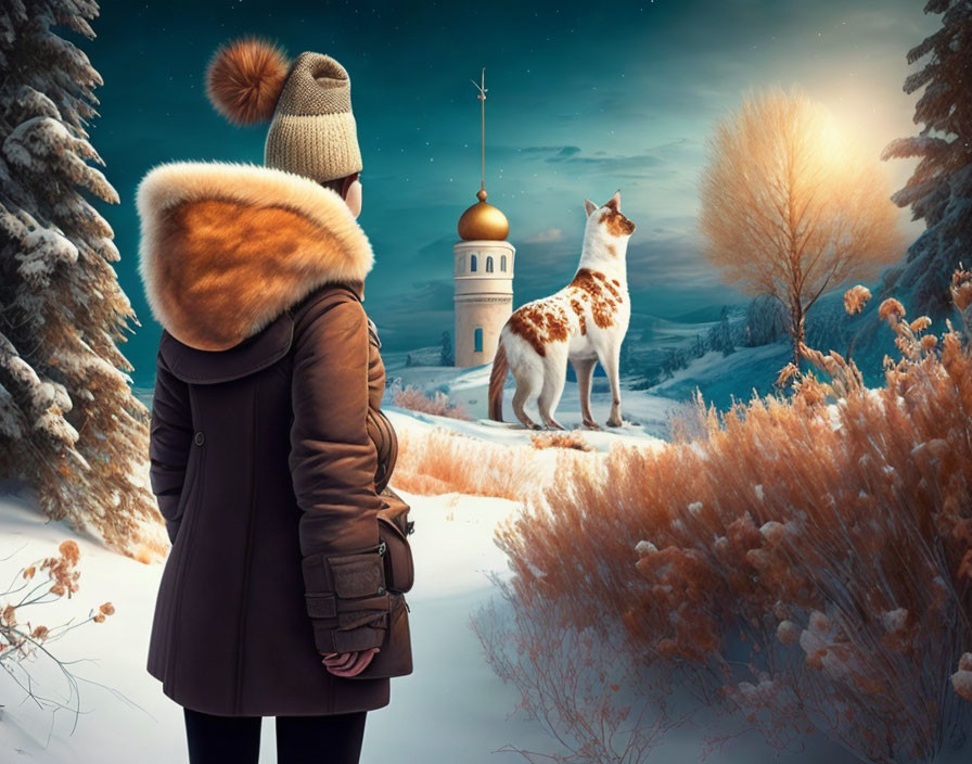 Person and cat in winter scene with golden-domed structure in snowy twilight.