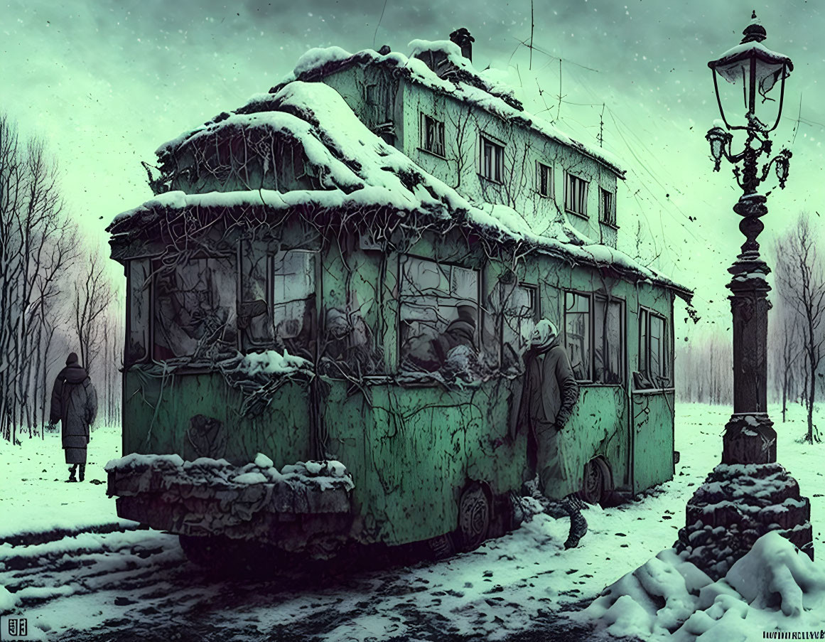 Abandoned snow-covered tram with vines, two people in winter clothing in gloomy snowy landscape