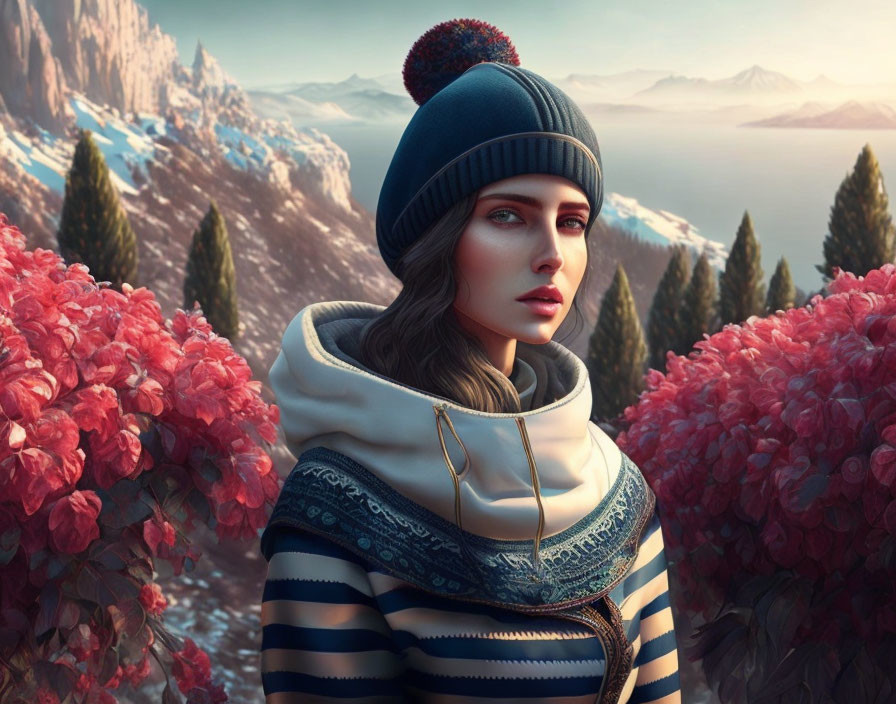 Woman in beanie and winter clothes with red flowers, snowy mountains, mist.