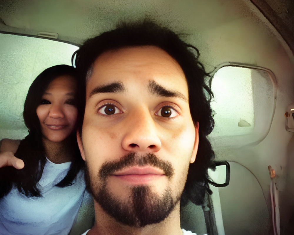Bearded man and smiling woman in vehicle interior