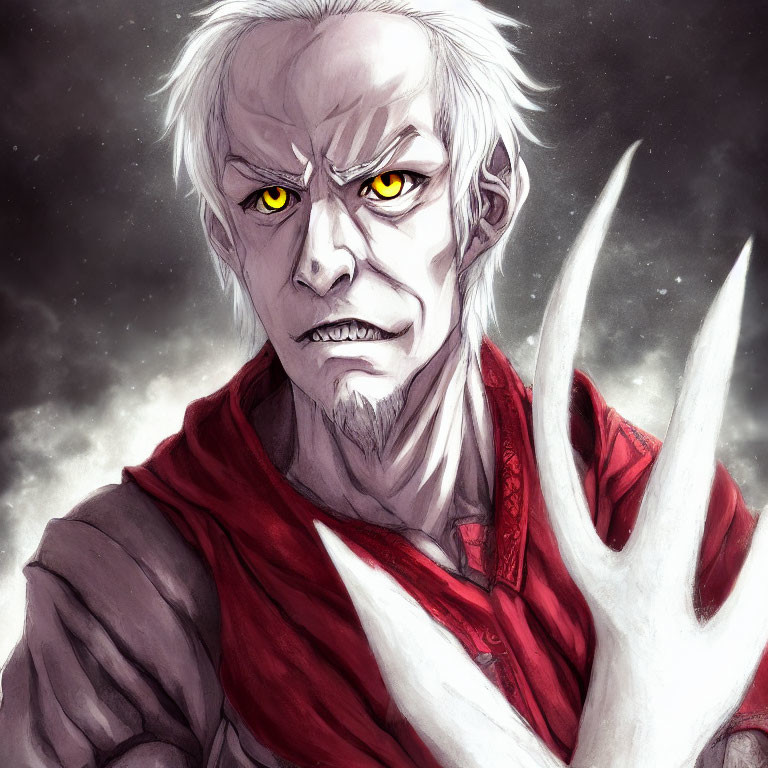 Illustrated character with pale skin, yellow eyes, white hair, fangs, red garment, dark