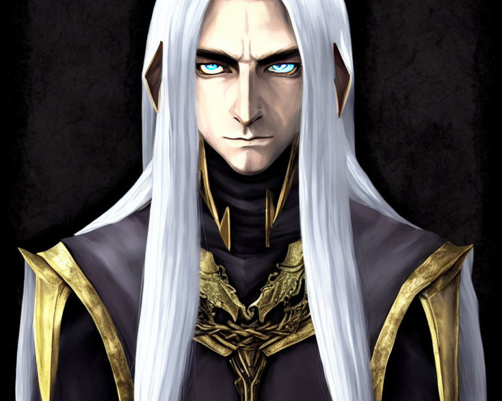 Illustrated character with long white hair and blue eyes in regal attire