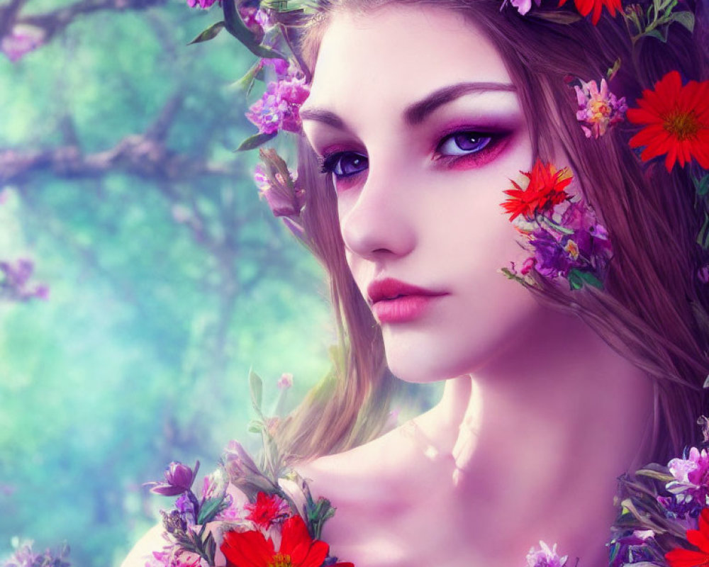 Woman with floral wreath and vibrant makeup in soft-focus natural setting