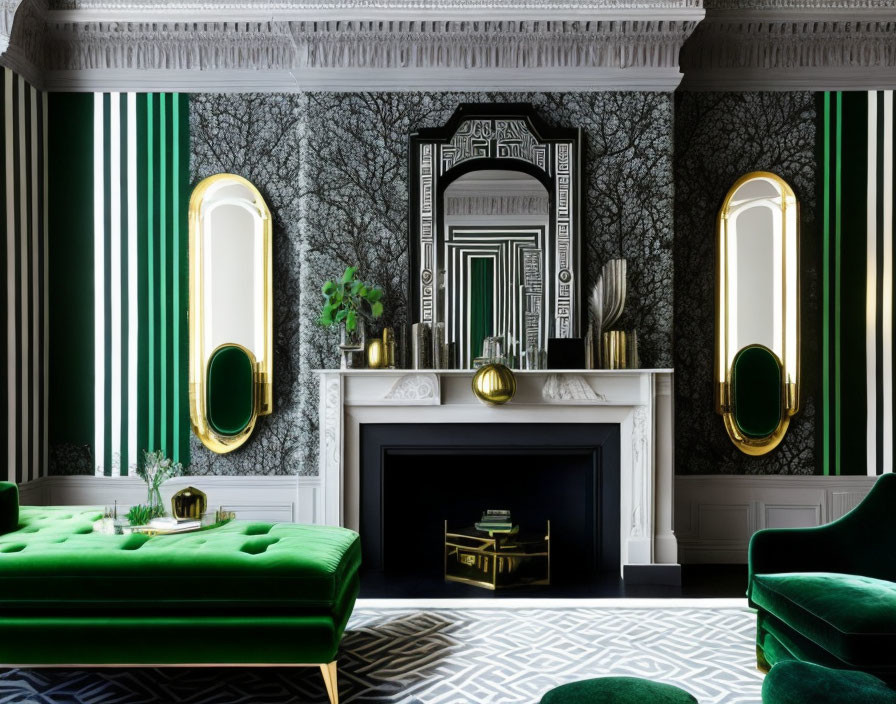 Luxurious Room with Bold Green and White Striped Walls and Art-Deco Decor