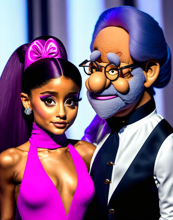 Stylized 3D characters: Young woman with long purple hair & man with gray hair and