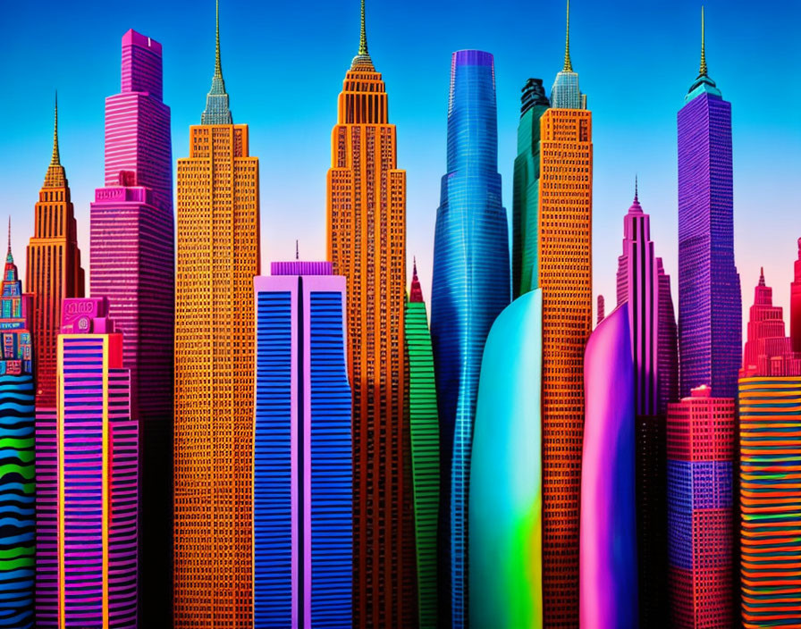 Colorful Stylized Cityscape with Vibrant Skyscrapers