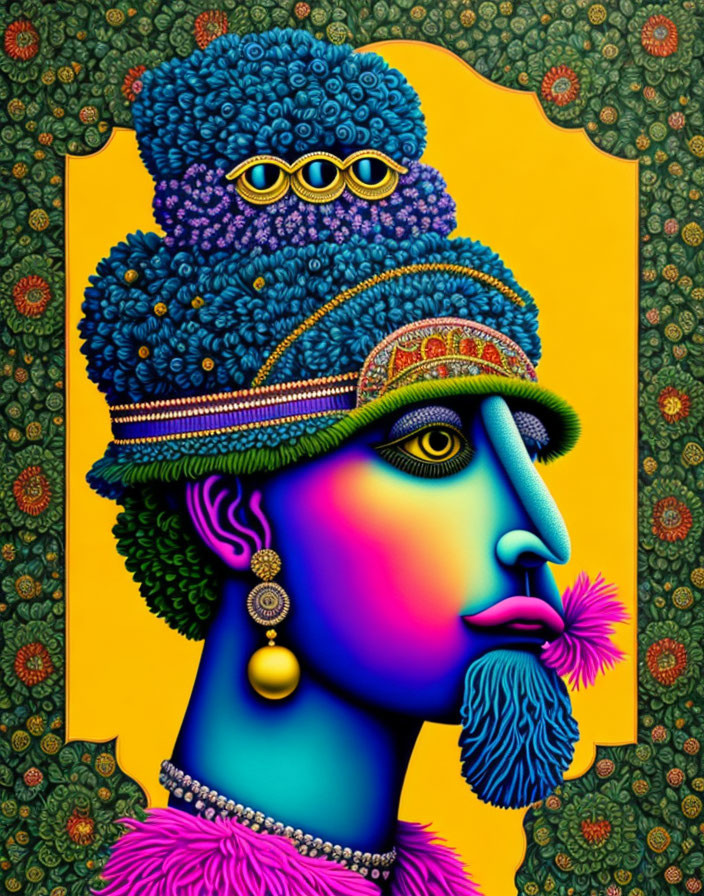 Colorful side-profile portrait of figure with blue skin and traditional headgear on decorative background