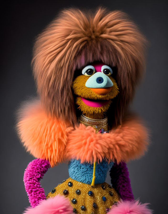 Colorful puppet with fluffy hair and sparkly dress on gray background