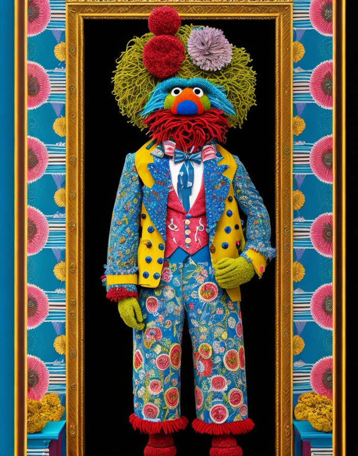 Colorful Blue-Skinned Puppet in Floral Suit Against Patterned Backdrop