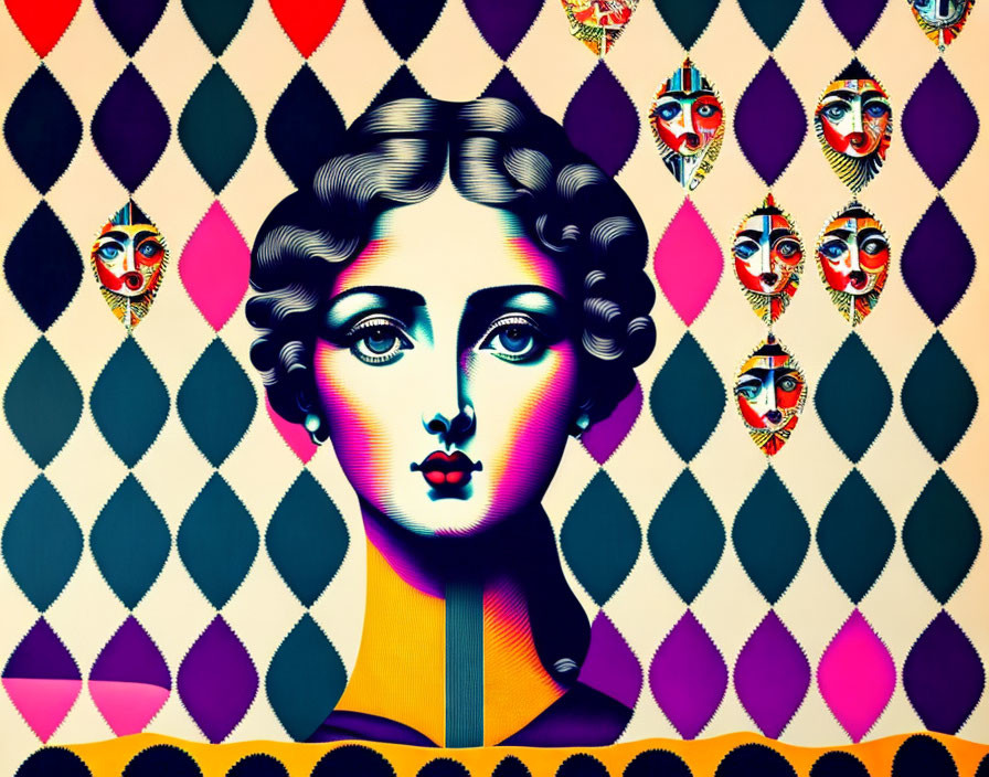 Vibrant digital artwork of female figure on harlequin-patterned background