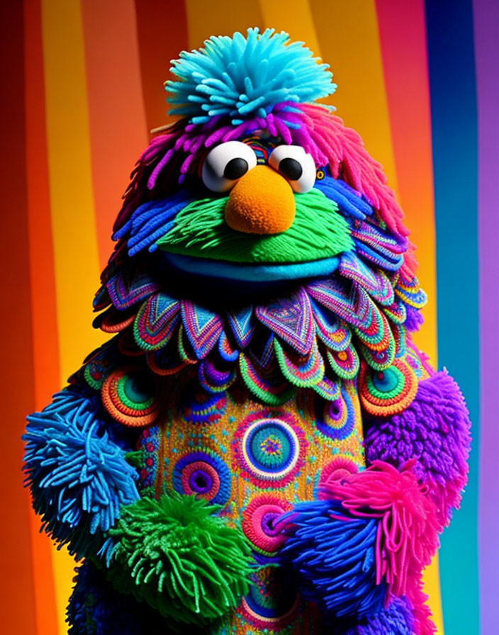 Vibrant Blue Fur Puppet with Googly Eyes on Rainbow Background