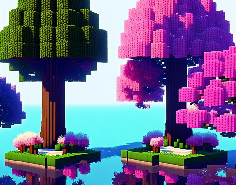 Colorful voxel art of two large trees by reflective water