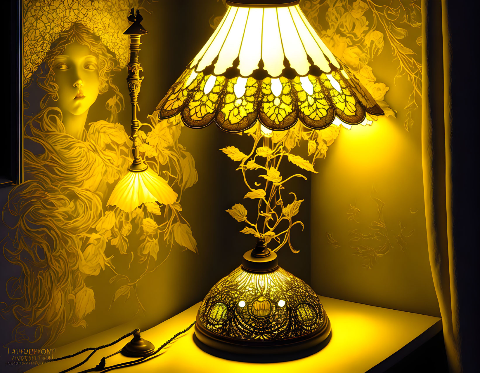 Art Nouveau Style Lamp with Intricate Designs and Warm Yellow Glow