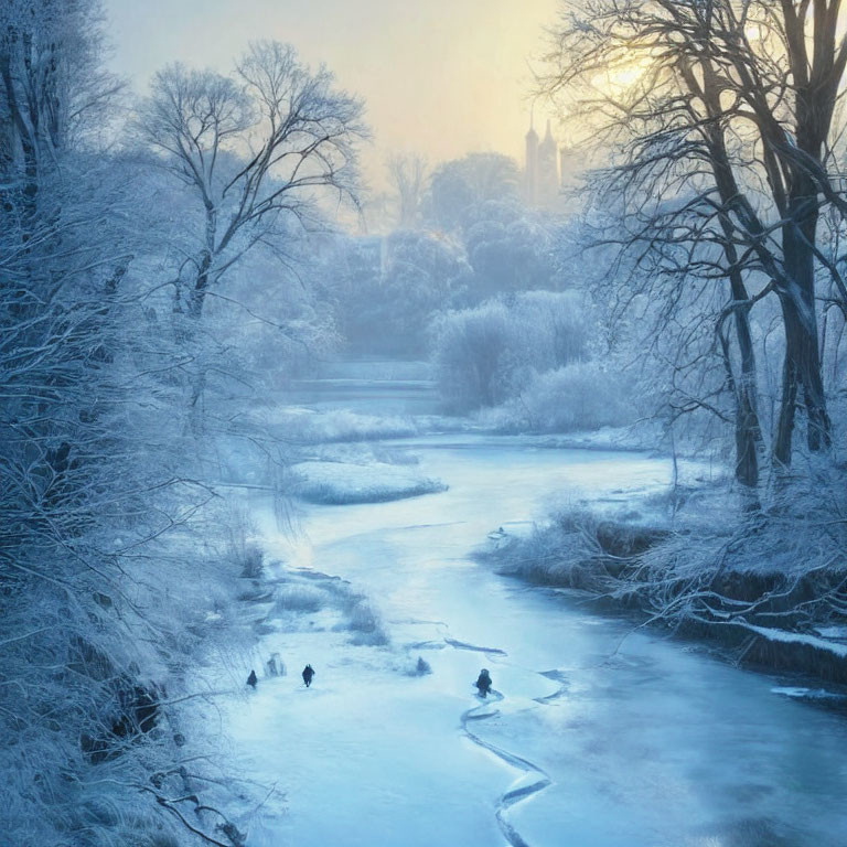 Snow-covered trees, frozen river, and wildlife tracks in serene winter setting