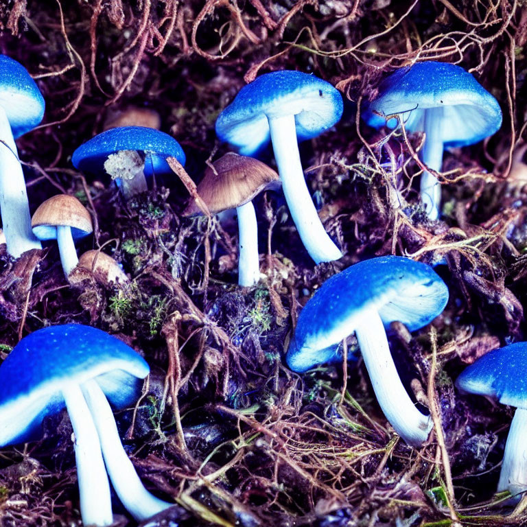 Colorful Blue Mushrooms in Forest Underbrush